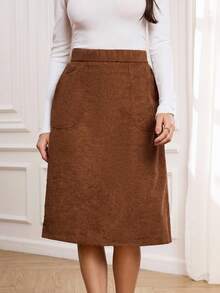 Miaspire Váy vải nhung kẻ túi eo cao - Cà phê nâu - Xem 3