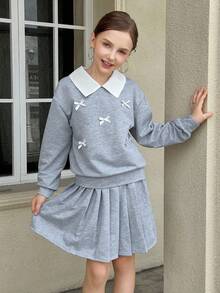 Bộ áo nỉ cổ polo và chân váy 2 trong 1 cho bé gái tuổi teen - Xám - Xem 4