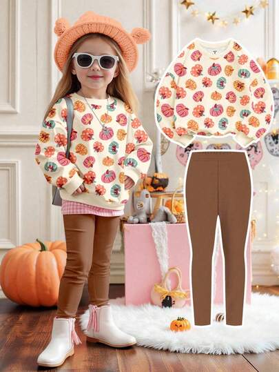 SHEIN Happikins 2pcs/Set Young Girl Crew Neck Long Sleeve Sweatshirt With Cute Pumpkin & Bow Pattern,Leggings,Autumn,Family Matching Halloween Outfits