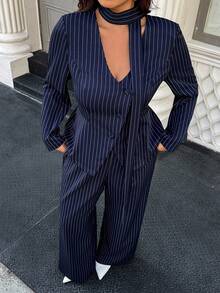 Easura 大码条纹夹克和裤子套装 - 藏蓝色 - 查看 6