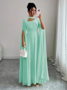 Elenzga 女士优雅法式浪漫度假风沙滩裙，雪纺透明面料，镂空领口，后背交叉系带，喇叭长裙，长袖，开衩袖口，适合下午茶、派对、中东风格、春夏季 - 薄荷綠 - 查看 4