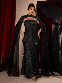 Cravure Nuovo abito da donna elegante e lungo con scialle extra large, adatto per feste eleganti/party/eventi, abito da sirena senza spalline e lungo fino a terra con scialle, motivo a pois argentati lucidi - nero - Visualizzare 6