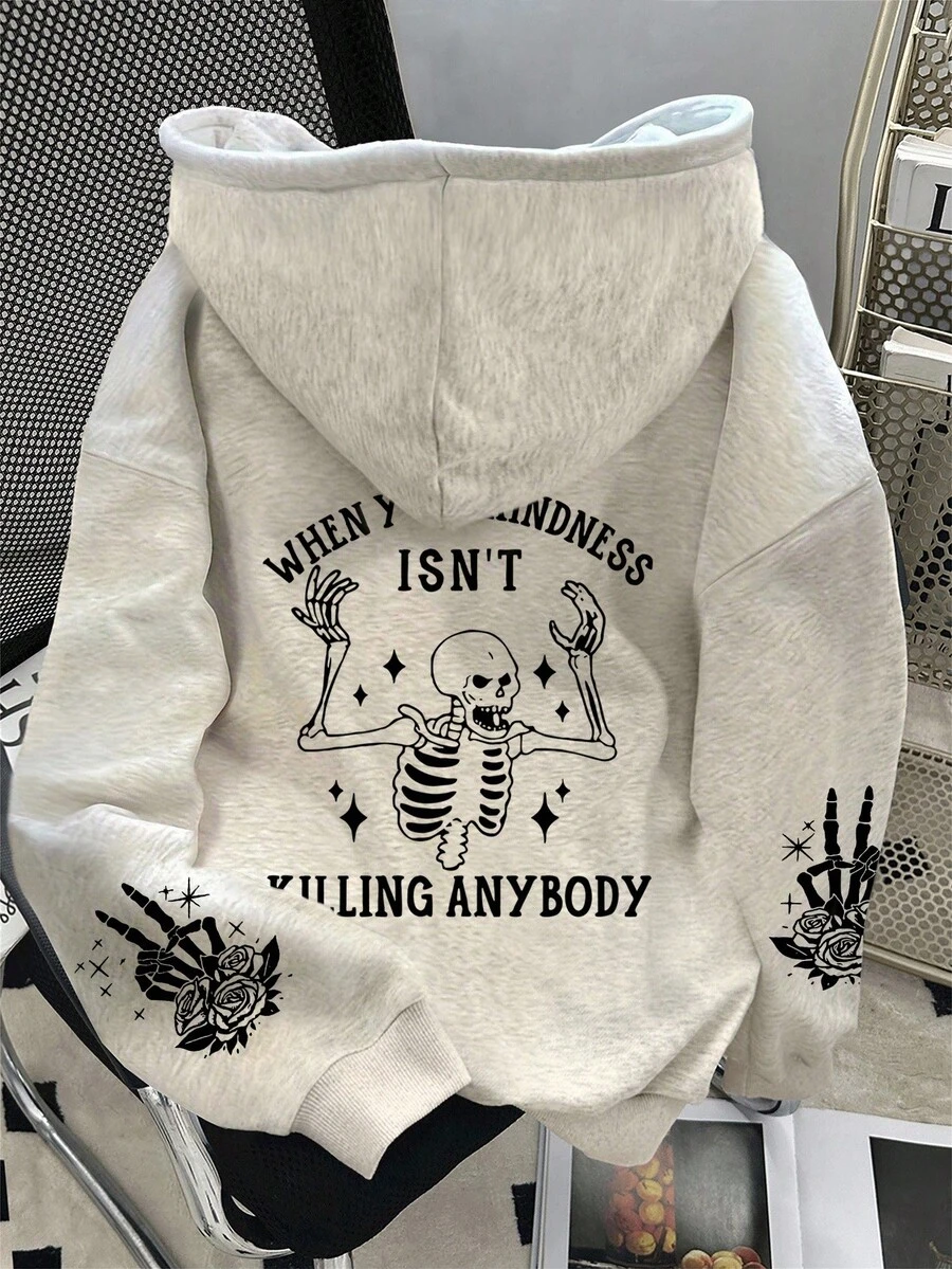 SHEIN 女士休闲印花抓绒落肩卫衣 - 淺灰色 - 查看 1