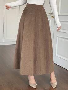 DAZY 女士优雅纯色A字型毛衣半裙，秋冬女装半裙 - 棕色 - 查看 3