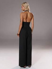 SHEIN Unity 1 Stück Damen Bodycon Jumpsuit, Schwarz, Frühling/Sommer, Büro & Party, gestrickt dehnbar locker, tiefer V-Ausschnitt rückenlos ausgeschnitten, elegant & sexy, geeignet für Alltag, Büro, formelle Anlässe - Schwarz - Übersicht 2