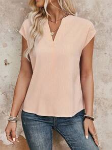 EMERY ROSE Summer Casual/Work Striped Notched Neck Shirt - Orange - View 3