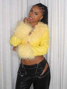 Y2K Amplova 女款卷毛翻领长袖皮草和皮革性感亮色飞行夹克，适合秋冬季派对和学校穿着 - 黃色 - 查看 13