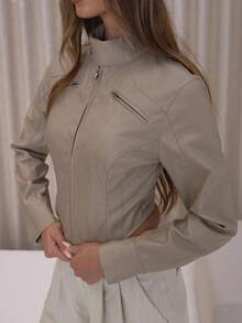 MUSERA Chaqueta de cuero sintético con cuello alto, cintura entallada y ajustada, elegante, sexy y de estilo urbano, perfecta para salidas nocturnas, fiestas, primavera y verano - Marrón - Ver 7