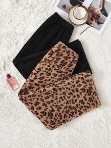 SHEIN 2件套女士毛绒休闲蓬松睡裤，纯黑色和豹纹印花，秋冬季舒适优雅细节毛绒睡裤猎豹纹蓬松睡衣豹纹蓬松睡衣，秋冬服装