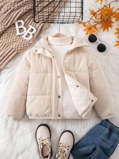 SHEIN 女童纯色保暖长袖加厚外套，适合秋冬季节穿着。