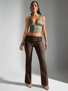 Denimoi 系带修身喇叭裤侧系带中腰裤 - 棕色 - 查看 9