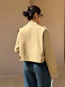 K-Vae 女士秋冬卡其色日常韩版短款风衣，老款风格，万圣节服装，别致秋季 - 卡其色 - 查看 3