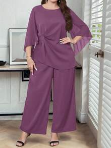 Reflora 大码女式休闲纯色上衣和宽松长裤两件套 - 淺灰紫 - 查看 1