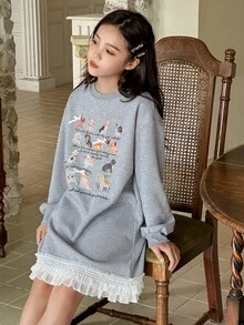 DAZY 女童圆领针织保暖内衬印花长袖连衣裙，秋季 - 灰色 - 查看 5