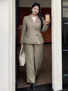 Dazy Plus Plus Size Women Business Casual Suit Set - Solid Color Lapel Asymmetric Placket Cardigan Jacket & Loose Fit Pants Fall/Winter