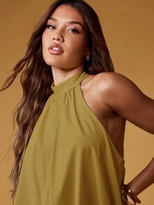 MISSGUIDED 露背泡泡袖迷你连衣裙，夏季晚宴派对蓬蓬裙婚礼宾客俱乐部穿着时尚露背无袖荷叶边连衣裙 - 綠色 - 查看 5