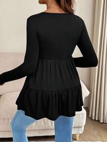 SHEIN Áo cho con bú trơn màu đơn giản, cổ tròn tối giản, tay dài - màu đen - Xem 2