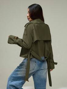 SHEIN PETITE Beige Button-Down Drawstring Trench Coat Women's In Fall/Winter