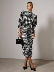 COSMINA Women's Stand Collar 3/4 Sleeve Pleated Houndstooth Elegant Midi Dress, Black And White Dress