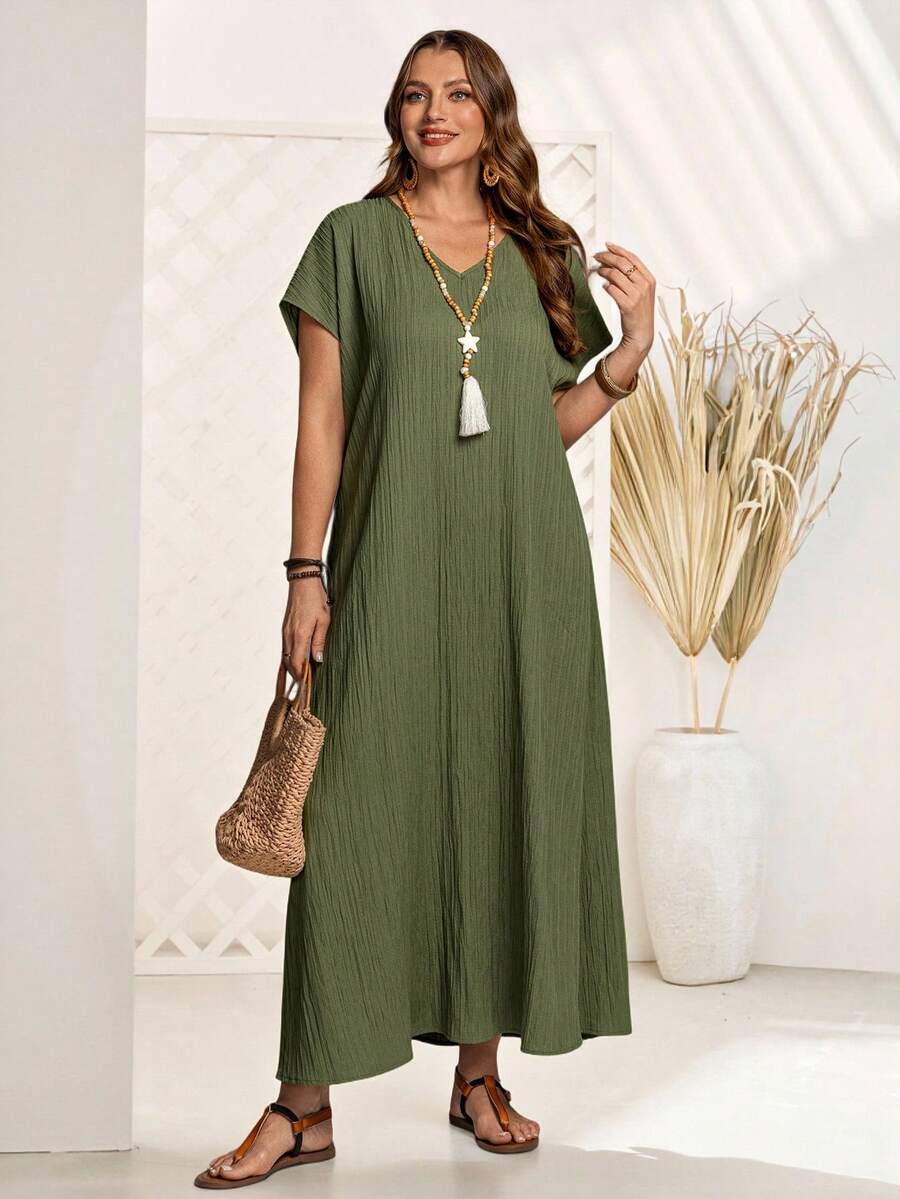 EMERY ROSE 大码V领蝙蝠袖短袖直筒宽松休闲连衣裙，夏季服装，女士度假装/波西米亚风女装 - 軍綠色 - 查看 1
