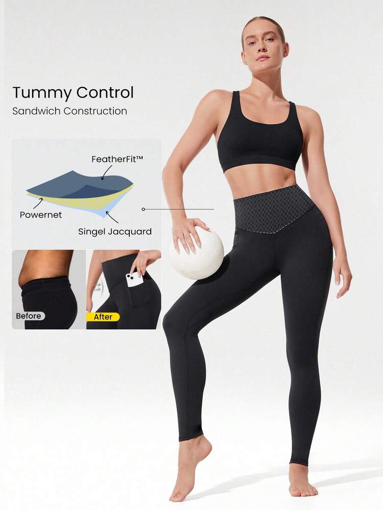 GLOWMODE 28" FeatherFit™-Warm High Waist Leggings With Side Pockets Low Impact Yoga Daily Autumn Winter - Black - View 2
