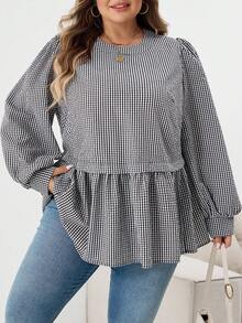 SHEIN CURVE+ Áo sơ mi tay loe cổ tròn kẻ caro đen trắng cỡ lớn thường ngày/Mùa thu/Mùa đông - Đen và trắng - Xem 3