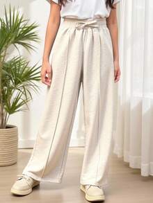 SHEIN Teen Girl Drawstring Waist Seam Detail Joggers - Apricot - View 4