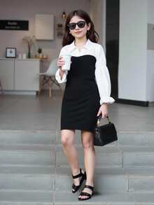 女大童雙色假兩件連衣裙不附腰帶 - 黑與白 - 查看 1