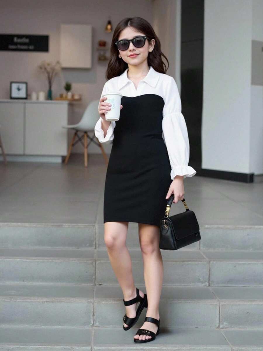 女大童雙色假兩件連衣裙不附腰帶 - 黑與白 - 查看 1