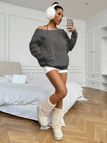 Flirla Women's Floral Print Off Shoulder Sweatshirt - Dark Grey - View 6