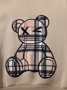 SHEIN Tween Girls' Casual Sports Chic Cute Cartoon Bear Embroidery Loose Drop Shoulder Crew Neck Sweatshirt & Plaid Slim Fit Leggings Set, Khaki Fall Winter - Khaki - View 4