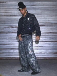 AXEPEAK Pantalones casuales sueltos lavados con adornos de rhinestones para hombres, otoño - Café integral - Ver 6