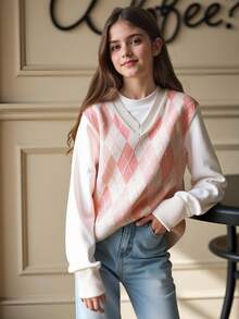 SHEIN Tween Girl Argyle Pattern Sweater Vest Young Girls' Casual Cute Colorful Drop Shoulder Bowknot Decor Round Neck Knitted Sweater, Soft And Comfortable, Suitable For Daily Wear, Outdoor, Travel, Vacation, Home, Nursery, Playtime, School - Multicolor - View 6