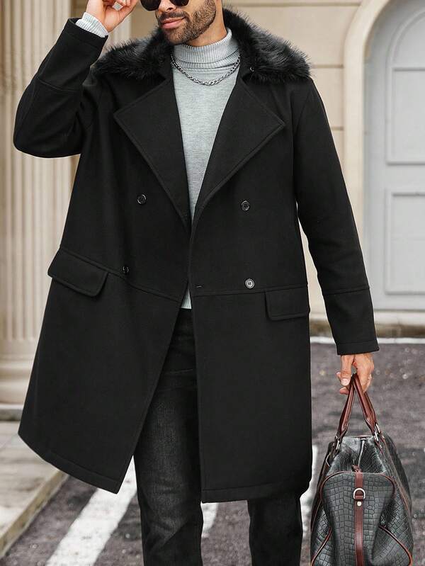 Manfinity Homme Plus Size Men's Fashionable Double-Breasted Overcoat, Autumn/Winter