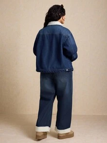 Elaquor Plus Size Denim Jacket With Thermal Lining, Fashion For Autumn/Winter - Medium Wash - View 3