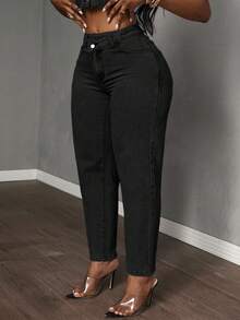 Slaydiva 大码女式不对称腰部口袋休闲锥形牛仔裤 - 黑色 - 查看 4