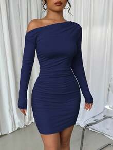 Elenzga Váy dài tay xếp ly bất đối xứng màu trơn dành cho nữ - Màu xanh hải quân - Xem 3