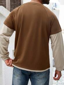 Manfinity Homme Plus Size Men's Casual Patchwork Pullover Sweatshirt, Brown Long Sleeve, Fall Tops Long Sleeve Coffee Brown Tops - Multicolor - View 3