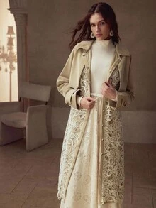 MOTF PREMIUM CONTRAST GUIPURE LACE BELTED TRENCH COAT - Green - View 1