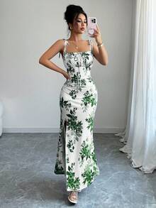 Elenzga 新款女式细肩带蝴蝶结腰部褶饰下摆开衩设计连衣裙，适合约会、派对、日常穿着，优雅迷人 - 綠色 - 查看 5