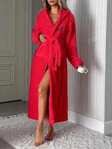 EURMUSE PLUS Women Embroidery Detail Hooded Belted Long Robe - Pink - View 3