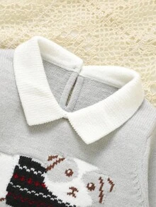 1 件婴儿针织连体衣，可爱小狗提花设计，长袖连体衣，时尚休闲又可爱 - 灰色 - 查看 6