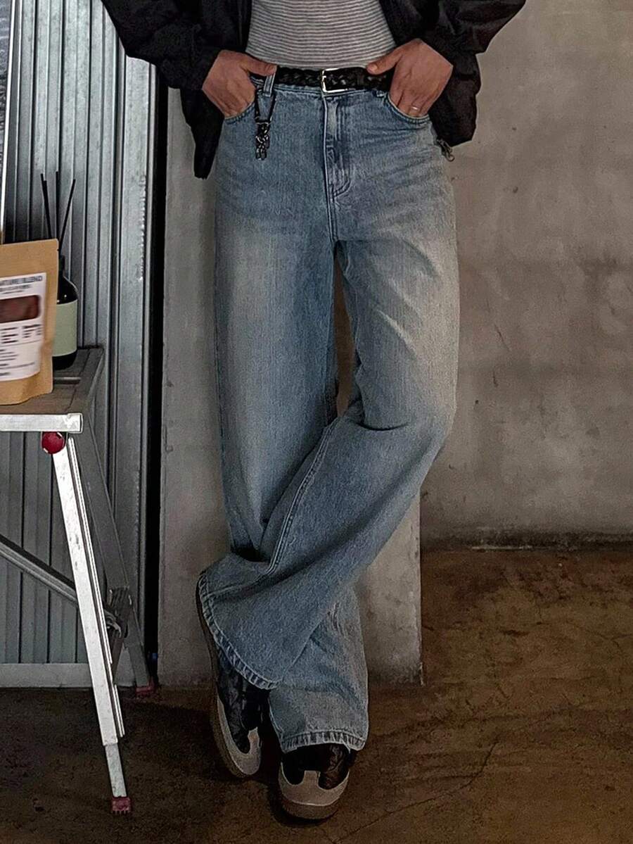 DAZY Men's Plain Washed Faded Blue Denim Jeans, Autumn - Blue - View 1