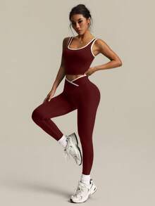 Easithlete 2pcs Women Yoga Contrast Color Sports Set, Sleeveless Top And Tight Pants Activewear Jumpsuit Seamless Yoga Jumpsuit Athletic Two Pieces Set Gym Jumpsuit Workout Jumpsuits Women Activewear Set Gym Outfit Set Gym Leggings Set Workout Set Women S Activewear Set Women Activewear Set Athletic Two Pieces Set Athletic Two Piece Set - Burgundy - View 5