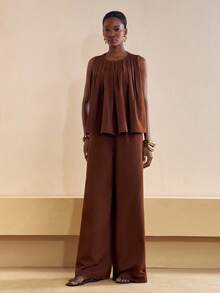 Zivah Summer Chic Dark Brown 2-Piece Set:Sleeveless Pleated A-Line Top & Wide Leg Pants,Brunch,Vacation,Beach,Cruise Travel,Streetwear Boho Outfit For Women - Brown - View 4