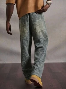 PAVTROS Manfinity Streetrush Men's Distressed Patch Jacquard Retro Jeans,Loose Wide Leg Long Denim Pants,Aqua Blue Summer Streetwear City Break Acid Washed - Medium Wash - View 2