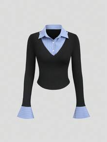 Sweetra Women's Y2K Autumn/Winter Versatile Striped 2 In 1 Shirt