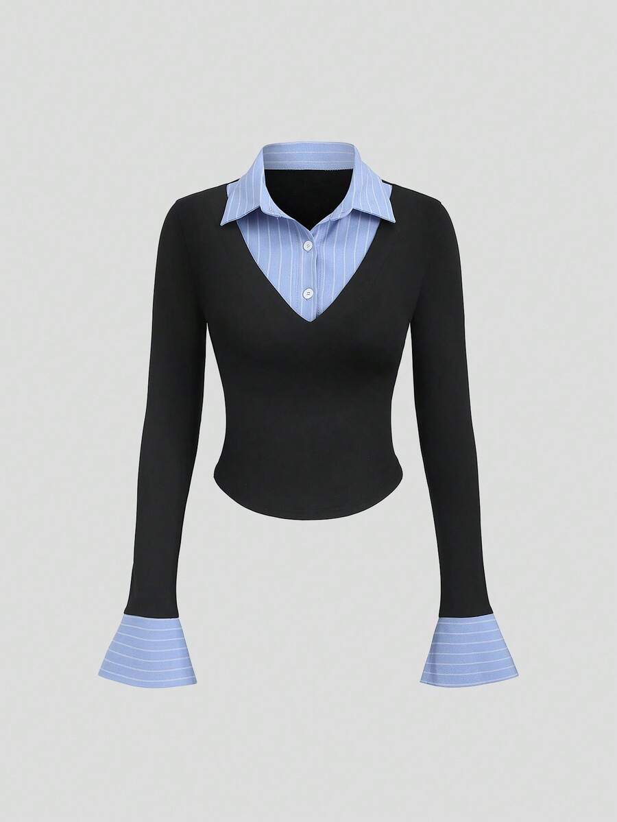 Sweetra Women's Y2K Autumn/Winter Versatile Striped 2 In 1 Shirt