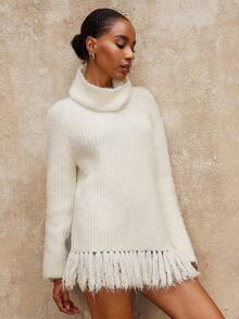 SHEIN Privé VITNOS Women's Off-White Autumn Casual Oversized Knit Sweater,Turtleneck Long Sleeve Tasseled Fringe Elegant Party Sweater For Any Occasion,Holiday - Beige - View 5