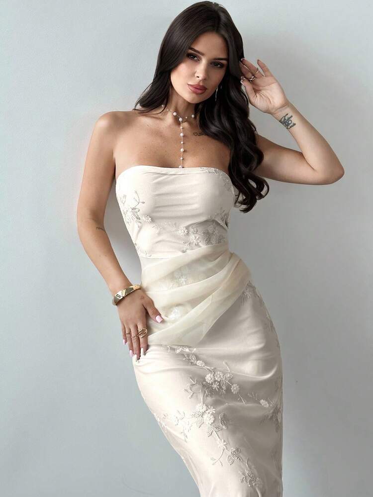 Firerie فستان أنيق مطرز بالشبك ذو خصر مرتفع مع شريط طويل، رومانسي وراقي للحفلات والمواعيد والارتداء اليومي، بلون المشمش - لون مشمشي - مشاهدة 2